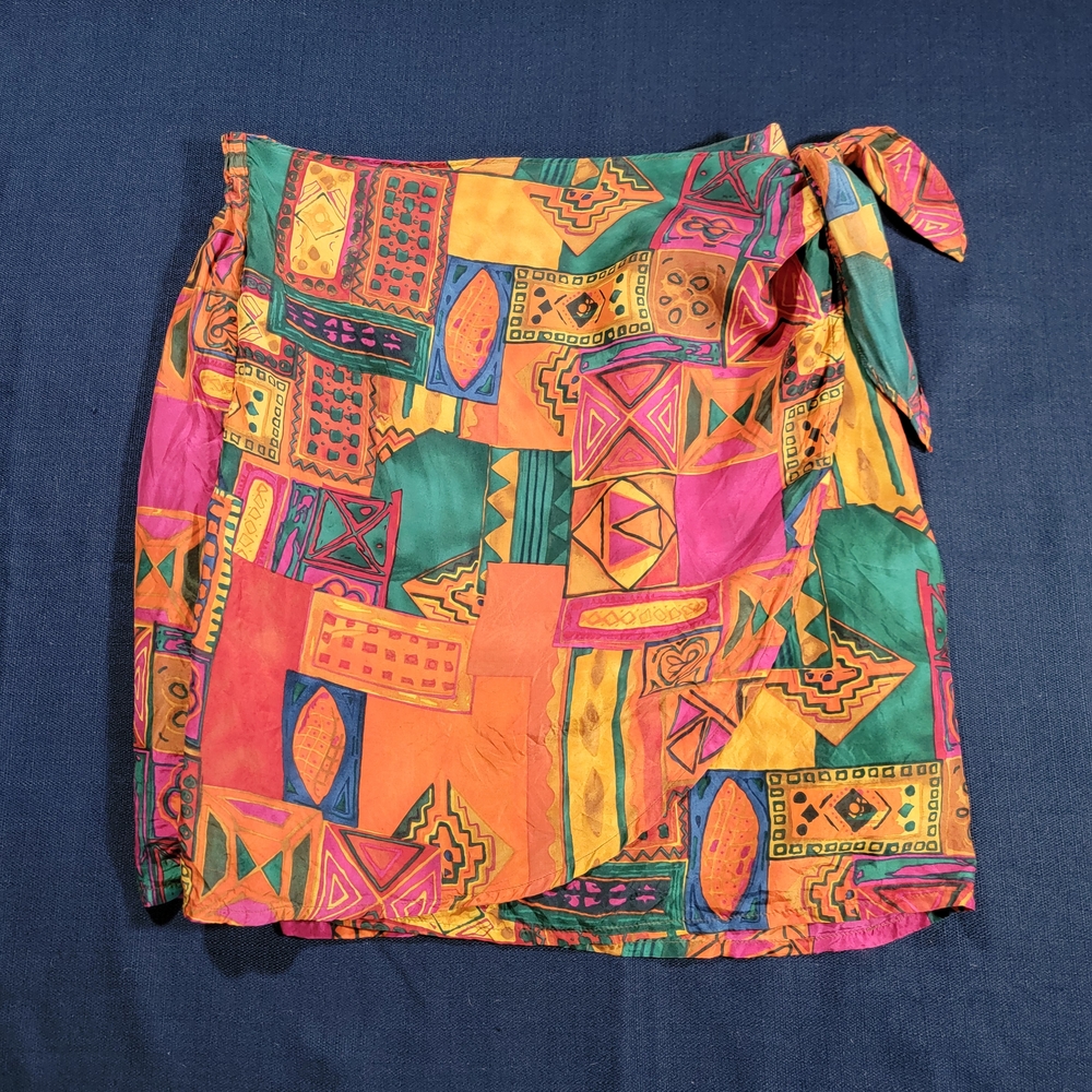 Womens Vintage 100% Silk New York Studio Colorful Geometric Mini Skirt Size L